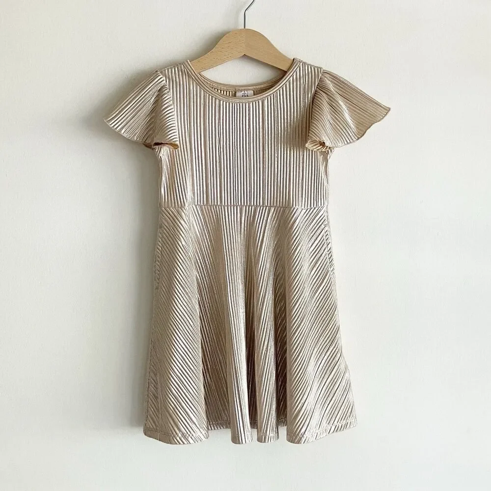baby Gap Metallic Gold Pleated Dress Size 3 3T Flutter Short Sleeve Pockets